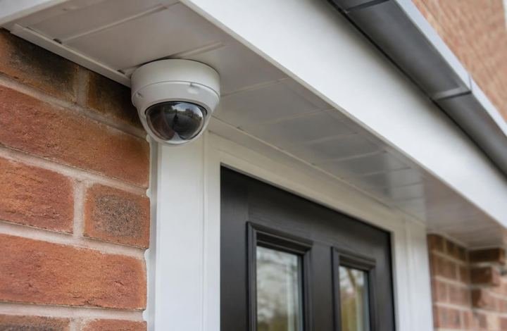 Dome CCTV camera fitted above a front door