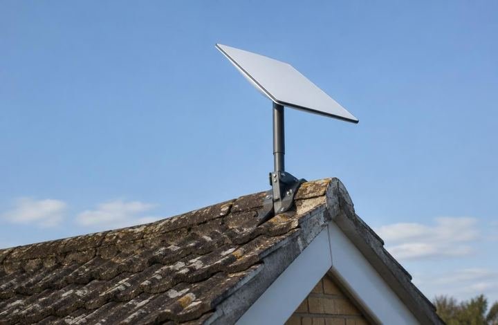Starlink dish mounted on a roof ridge
